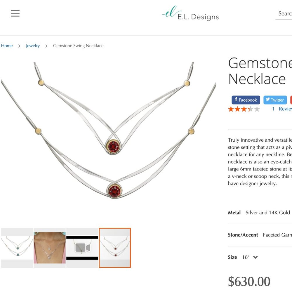 Ed Levin sterling silver, 14K gold and faceted garnet Gemstone Swing Necklace